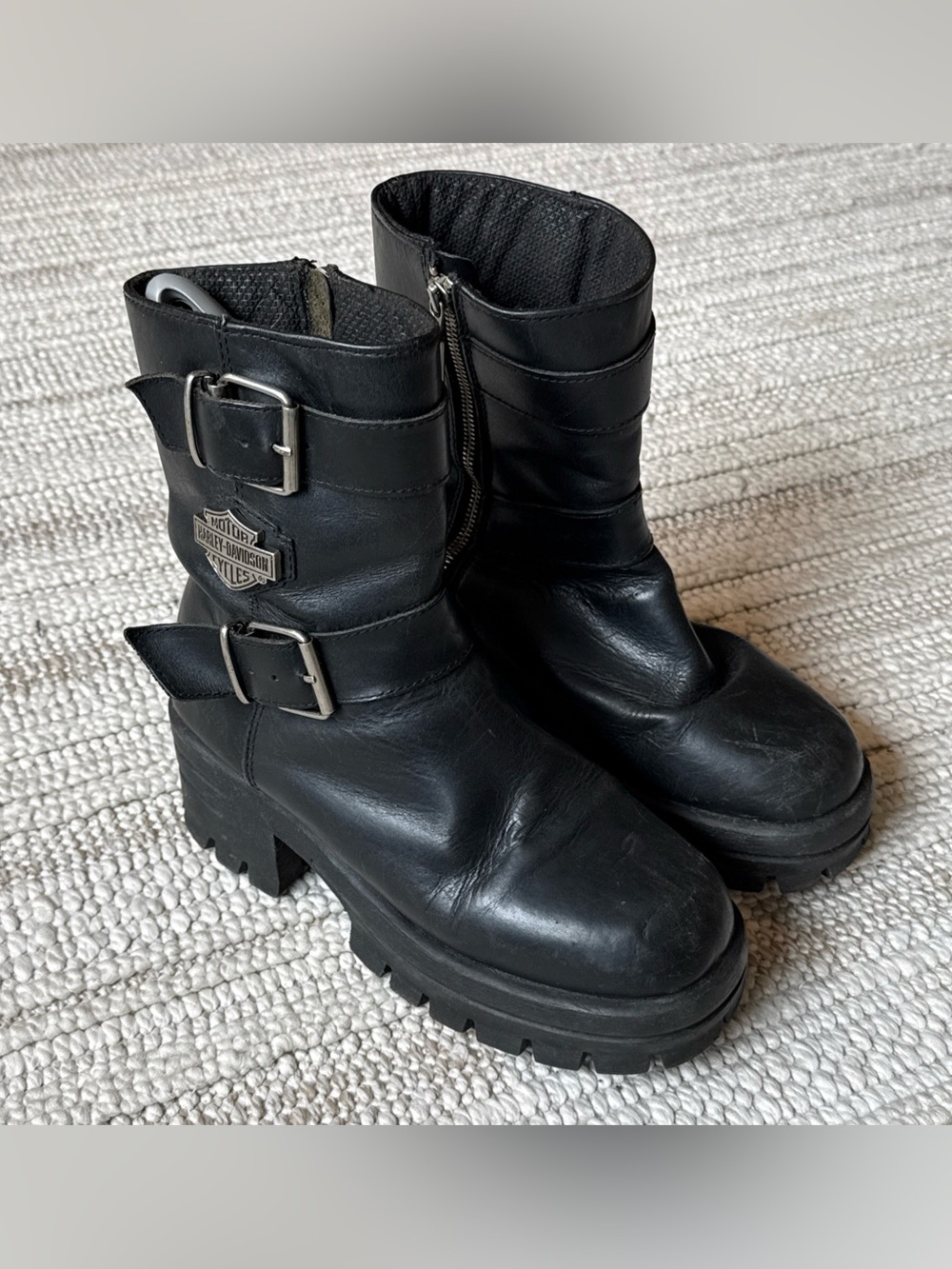VTG Harley Davidson Leather Platform Boots Womens 7.5 Chunky Lug Sole Buckle